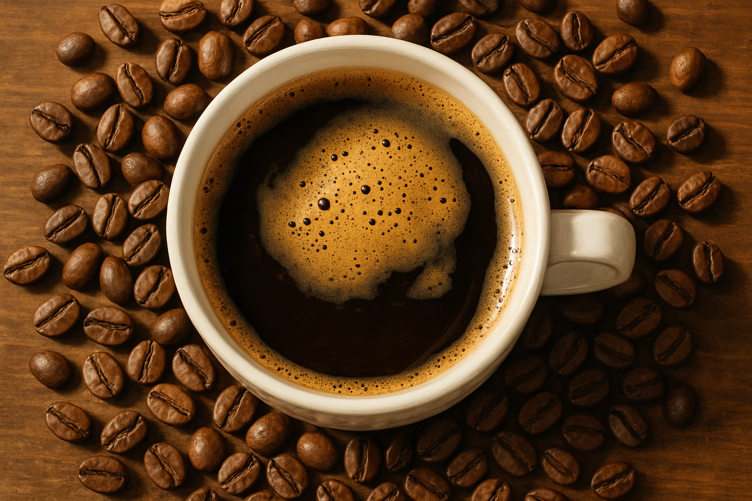 hazme una taza de cafe que se vea desde arriba alrededor granos de cafe y que sea todo muy realista